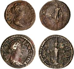 Roman Provincial Lydia, Saitta, Faustina Junior, (147-175 A.D.), AE 18, (2.96 g), issued c.150, obv. draped bust right, around FAUCTEINA CEBAC, rev. Apollo, naked, standing left, legs crossed, holding