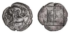 Greek Coins from the Nth QLD Collector - Silver & Bronze Macedon, Akanthos, (420-380 B.C.), silver tetradrachm, (13.39 g), obv. bull kneeling to left, looking back, attacked by lion to right on his ba
