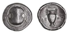 Greek Coins from the Nth QLD Collector - Silver & Bronze Boiotia, Thebes, (363-338 B.C.), magistrate Theot[i].., silver stater, (12.25 g), obv. Boiotian shield, rev. amphora in concave field, with let
