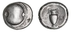 Greek Silver & Bronze Coins Boiotia, Thebes, (395-338 B.C.), silver stater (12.04 g), Onas.. magistrate, issued 379-368 B.C., obv. Boiotian shield, rev. amphora in concave field, across field to left 
