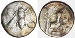 GREEK SILVER & BRONZE COINS Ionia, Ephesos, (380-370 B.C. Kinns chronology), silver tetradrachm, (14.45 g), obv. bee with straight wings dividing E - F, rev. forepart of kneeling stag to right, lookin