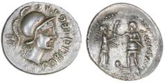 ROMAN SILVER & BRONZE COINS - REPUBLIC Gnaeus Pompey Junior, (c.46-5 B.C.), silver denarius, Spanish mint (Corduba), (3.81 g), obv. Roma helmeted head to right, M. POBLICI. LEG. PRO PR around, rev. Hi