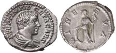 ROMAN SILVER & BRONZE COINS - IMPERIAL Geta, (A.D.209-212), issued as Caesar 205, silver denarius, Rome mint, (3.11 g), obv. P SEPTIMIVS GETA CAES, bare headed bust draped and cuirassed to right, rev.