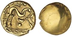 Great Britain Gold Coins Ancient Britain, Gallic War imports, (c.58-54 B.C.), Ambiani, uniface gold stater (6.23 g), obv. plain with traces of undertype, rev. M-shaped Celtic horse right, crescent and
