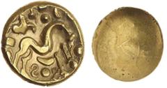 Great Britain Gold Coins Ancient Britain, Gallic War imports, (c.53-52 B.C.), Ambiani, uniface SS type gold stater (5.87 g), obv. plain, rev. M-shaped Celtic horse right, pellets and charioteer's arms