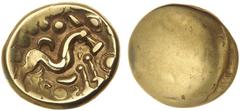 Great Britain Gold Coins Ancient Britain, Gallic War imports, (c.53-52 B.C.), Ambiani, uniface SS type gold stater (5.73 g), obv. plain, rev. M-shaped Celtic horse right, pellet and crescent above, be