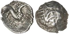 Great Britain Silver & Bronze Coins Celtic, Iceni Coinage, Anted coinage, (A.D. 1-25), silver unit, (1.23 g), obv. double crescent emblem, rev. Celticized horse to right, with traces of ANTED monogram