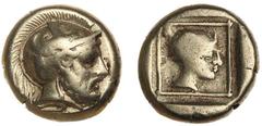 Ancient Gold Coins - Greek Lesbos, Mytilene, (c.412-378 B.C.), electrum hekte or sixth stater (2.49 g), obv. helmeted head of Ares to right, rev. helmeted head of Amazon to right within linear border 