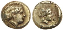 Ancient Gold Coins - Greek Lesbos, Mytilene, (c.412-378 B.C.), electrum hekte (2.55 g), obv. diademed head of Io right, rev. wreathed head of Dionysos right within linear square, (cf.S.4249/4250, Bode