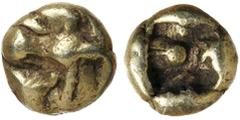 Ancient Gold Coins - Greek Ionia, uncertain, (c.600-550 B.C.), electrum twenty-fourth stater (0.70 g) of the Milesian standard, obv. head of lion right, in linear form, rev. incuse square punch, (cf.S