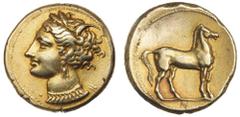 Ancient Gold Coins - Greek Zeugitania, Carthage, (c.300 B.C.), electrum stater, (7.51 g), obv. head of Tanit to left, crowned with wreath of corn, wearing earring with triple pendants and necklace, do