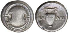 Greek Silver & Bronze Coins Boiotia, Thebes, (382-363 B.C.), silver stater, Kalli.. Magistrate, (11.68 g), obv. Boiotian shield, rev. amphora, in concave field, across letters KA LLI either side, (cf.