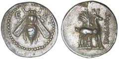 Greek Silver & Bronze Coins Ionia, Ephesus, (202-c.150 B.C.), silver drachm, (4.19 g), obv. bee with straight wings dividing E - F, dotted border, rev. stag standing to right, palm tree behind, to rig