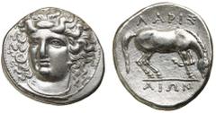 Greek Silver & Bronze Coins THESSALY, Larissa (under Macedonian domination), (340-325 B.C.), silver drachm, (5.98 g), obv. facing head of nymph Larissa three-quarter to left, rev. horse grazing to rig