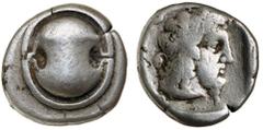 Greek Silver & Bronze Coins BOIOTIA, Thebes, (426-395 B.C.), silver stater, (11.96 g), obv. Boiotian shield, rev. bearded head of Dionysos to right wreathed with ivy, **[Q E]* either side, (S.2383, SN