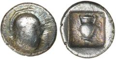 Greek Silver & Bronze Coins BOIOTIA, Federal Coinage, Uncertain Mint (Thebes?), Silver hemidrachm, 387-374 B.C. (Head chronology) but more likely 304-294 B.C., (2.64 g), obv. Boiotian shield, rev. amp