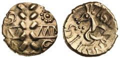 Great Britain Gold ANCIENT BRITISH, North Eastern Region, Inscribed coins, Corieltavi, Dumnocoveros Tigirseno type, (c.25-35 A.D.), gold stater, (5.38 g), obv. [D]V MN between two lines, crossed by ve