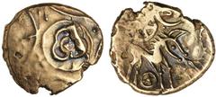 Great Britain Gold ANCIENT BRITISH, East Anglia Region, Uninscribed coins, Iceni, Freckenham Flower Two Wheels type, (c.50-40 B.C.), gold stater, (5.33 g), obv. large three petal flower with central p