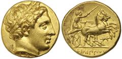 Ancient Gold Coins - Greek MACEDON, Kingdom of Philip II, (359-336 B.C.), gold stater, (8.58 g), Amphipolis II mint, issued c.340-328 B.C., obv. head of Apollo to right with laureate wreath, rev. gall