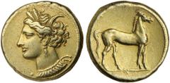 Ancient Gold Coins - Greek ZEUGITANA, Carthage, (c.300 B.C.), electrum stater, (7.49 g), obv. head of Tanit to left, crowned with wreath of corn, wearing earring with triple pendants and necklace, dot
