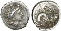 Greek Silver & Bronze Coins CELTIC, Southern Gaul, Insubres or Salluvi, (c.late 2nd-early 1st century B.C.), silver drachm (3.28 g), type imitating Massalia, 'scorpion' type, obv. female head to right