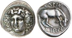Greek Silver & Bronze Coins THESSALY, Larissa (under Macedonian domination), (350-325 B.C.), silver drachm, (6.04 g), obv. facing head of nymph Larissa three-quarter to left, rev. horse grazing to rig