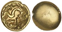 Great Britain Gold Coins ANCIENT BRITISH, Gallic War imports, (c53-52 B.C.), Ambiani, uniface SS type gold stater (5.71g), obv. plain, rev. M-shaped Celtic horse right, pellets and crescent above, bea