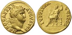 Ancient Gold Coins NERO, (A.D. 54-68), gold aureus, issued c.65-66, Rome mint, (7.35 g), obv. laureate head to right of Nero, around NERO CAESAR AVGVSTVS, rev. Jupiter seated left on throne, holding t