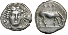 Greek Silver & Bronze Coins THESSALY, Larissa (under Macedonian domination), (365-356 B.C.), silver drachm, (6.06 g), obv. facing head of nymph Larissa three-quarter to right, hair in ampyx, rev. hors