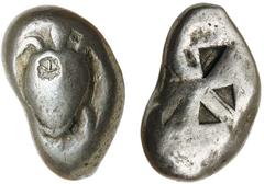 Greek Silver & Bronze Coins ATTICA, Islands off, Aegina, (Aigina), (500-480 B.C.), silver stater, (12.18 g), obv. smoothed shell sea turtle without row of dots down dorsal spine, with bankers mark of 