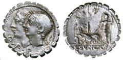 Roman Silver & Bronze - Roman Republic C. SULPICIUS C.F. Galba, (106 B.C.), silver denarius, Rome Mint, (3.93 g), obv. laureate heads of the Dei Penates, cojoined to the left D.P.P. before, border of 