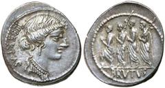 Dr C. Haymes Collection - Roman Republic Coins Q. CAEPIO BRUTUS BETTER KNOWN AS M. Junius Brutus (c.54 B.C.), silver denarius, (3.77 g), obv. head of Liberty to right, with LIBERTAS behind, rev. The c