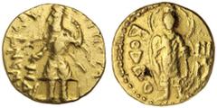 World Gold Coins INDIA, Kushans, Kanishka I, (c.100-126 A.D.), gold quarter stater (1.85 g), die axis 12h, obv. Kanishka standing facing, holding standard, sacrificing over altar to left; trident to l