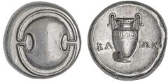 Greek Silver & Bronze Coins BOIOTIA, Thebes, (378-338 B.C.), silver stater, (12.26 g), obv. Boiotian shield, rev. amphora with letter **KL IWN*, (cf.S.2398, Hepworth Series C No.71, SNG Delepierre 131