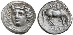 Greek Silver & Bronze Coins THESSALY, Larissa, (350-325 B.C.), silver drachm, (5.58 g), obv. head of nymph Larissa three-quarter facing to left, wearing pendant earring and plain necklace, hair floati