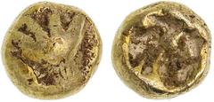 Ancient Gold - Greek LYDIA, Alyattes, (c.610-550 B.C.), electrum 1/96th stater, (0.13 g), 3mm diam., Ephesos mint, Lydo-Milesian standard, obv. figural type of lion's paw, rev. incuse square punch wit