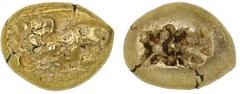 Ancient Gold - Greek IONIA, Miletus, (c.600-550 B.C.), electrum trite, (4.67 g), obv. lion lying to left, head reverted, within rectangular striated border, rev. incuse two small squares, within star 