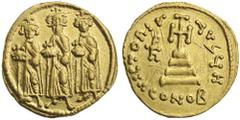 Ancient Gold Coins - Byzantine HERACLIUS, with Heraclius Constantine and Heraclonas, (610-641), gold solidus (4.39 g), Constantinople mint, 5th officina, struck circa 639-641, obv. Crowned figures of 