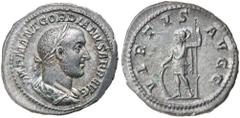 Roman Silver & Bronze Coins - Imperial GORDIAN II, Africanus, (A.D. 238), silver denarius, Rome mint, issued A.D. March - April 38, (3.38 g), obv. laureate, draped and cuirassed bust of Gordian II to 