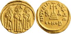 Ancient Gold Coins HERACLIUS, with Heraclius Constantine and Heraclonas, (610-641), gold solidus, (4.32 g), Constantinople mint, 5th officina, Dated IY 11 (637-8), obv. Heraclonas, Heraclius, and Hera