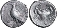 Greek Silver & Bronze Coins SICILY, Akragas (Agrigentum), (c.472-420 B.C.), silver tetradrachm, (16.91 g), obv. eagle with closed wings standing to left, AKRAC downwards behind eagle ANTO**S* upwards 