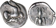 Greek Silver & Bronze Coins PELOPONNESOS, Elis, Olympia, (struck c.432 B.C. for the 87th Olympiad), silver stater (11.75 g), obv. eagle flying to right with its wings spreadabove its body, grasping a 