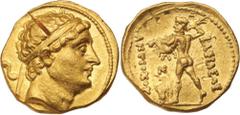 Ancient Gold - Greek BAKTRIA, Kingdom of, Diodotos II, (256-239 B.C.), gold stater, (8.30 g), Bactra (Balkh) mint, (Newell suggests c.255-246 B.C.), in name of Antiochus II, obv. diademed head of Diod