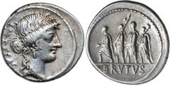 Roman Silver & Bronze Coins - Republic Q. CAEPIO BRUTUS BETTER KNOWN AS M. Junius Brutus (c.54 B.C.), silver denarius, (3.88 g), obv. head of Liberty to right, with LIBERTAS behind, rev. the consul L.