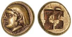 Ancient Gold Coins - Greek IONIA, Phokaia, (c.387-326 B.C.), electrum hekte or sixth stater, (2.51 g), obv. Aphrodite head to left, hair in veil, below a small seal to left, rev. quadripartite incuse 