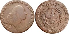 World Silver & Bronze Coins Germany, minors, Prussia, billon groscher 1757C (KM.A283), copper groscher 1797E (KM.D362.2); copper three groscher 1802A (KM.376.2), copper pfennig 1821A (KM.405), copper 