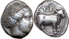 Greek Silver & Bronze Coins Euboia, Euboian League, Eretria, silver tetradrachm, (400-395 B.C.), (Wallace claims about 400 B.C.), (Dewing 357-338 B.C.), (16.54 g), (on the Aeginatic standard), obv. he