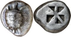 Greek Silver & Bronze Coins Aegina (Aigina), (c.525-500 B.C.), silver stater (11.67 g), "Proto-tortoise" type, obv. a turtle with globular segmented shell, rev. "Early Union Jack" an eight-part divide