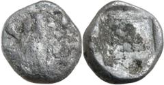 Greek Silver & Bronze Coins Island of Ionia, Samos, silver diobol, (499-495 B.C.), (1.11 g), obv. lion scalp facing, rev. an epigraphic head and neck of an ox to left, within incuse square, (S.-, Barr
