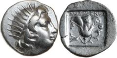 Greek Silver & Bronze Coins Caria, Rhodes, (188-84 B.C.), silver drachm, (2.86 g), obv. Head of Helios radiate right hair in locks, rev. Inside shallow incuse square a Rose, to left P and right O, abo
